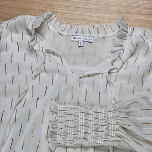 Maison d'Amélie Blouse Womens L Boho Sheer White Gold Ruffle Neck Smocked Cuff